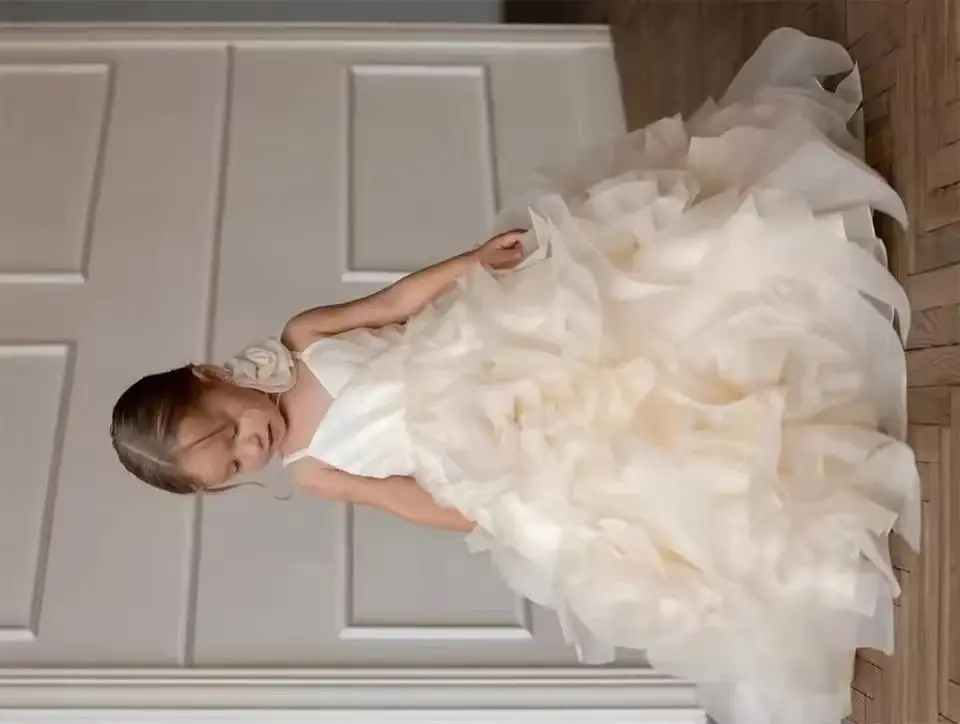 

Princess Blue Customized Flower Girl Dress for Wedding Sleeveless 3d Flowers High Low Kids Birthday Party First Communion Gown