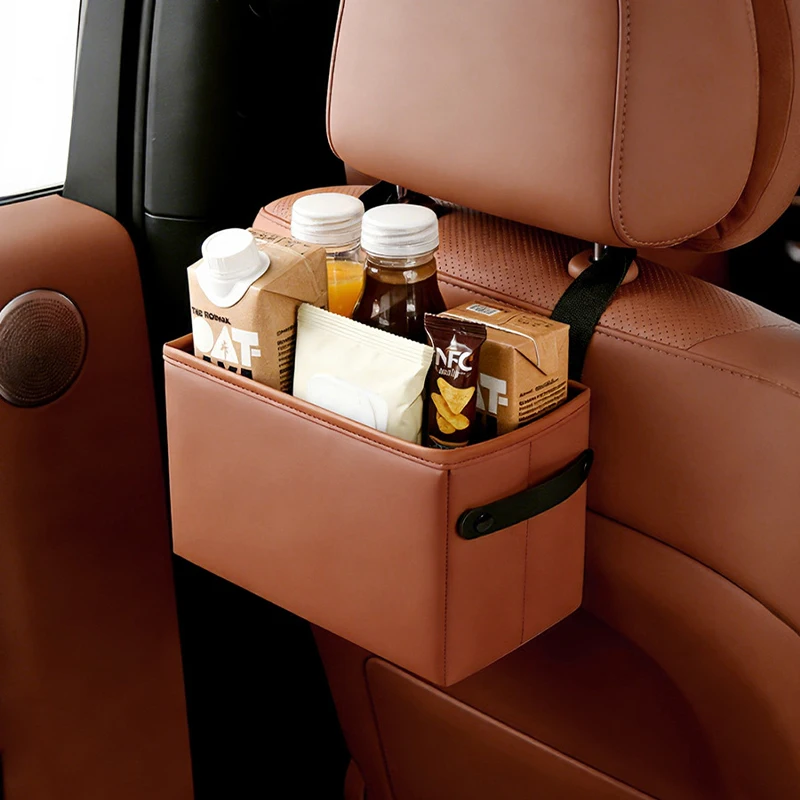 

1Pc Leather Car Trash Can Foldable Backseat Hanging Organizer Leakproof Waterproof Auto Garbage Bin Road Trip Essentials