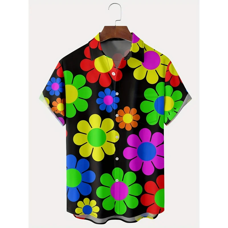 

Floral Daisy Hawaiian Shirt for Men，100%Polyester Fiber，Summer vacation style，Regular Version，Slightly stretchy fabric，120G