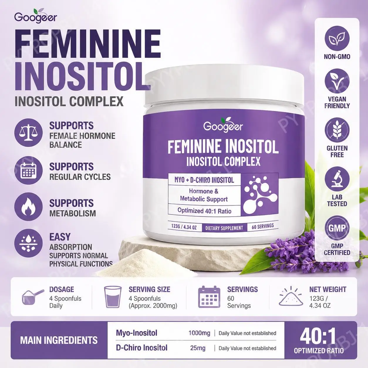 Googeer Feminine Inositol Complex Powder with Optimized 40:1 Ratio, Easy-Dissolve Daily Use for Hormone Balance, 60 Servings