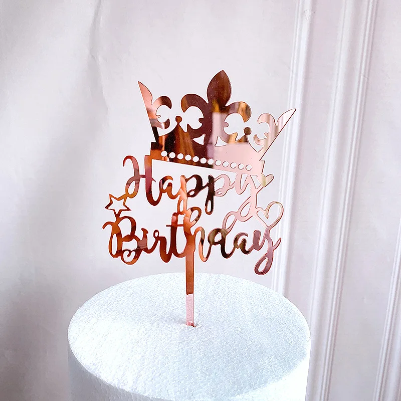 Crown Happy birthday cake topper cake Insert Decorating Supplies Acrylic rose gold  topper cupcak Flag birthday Party decoration