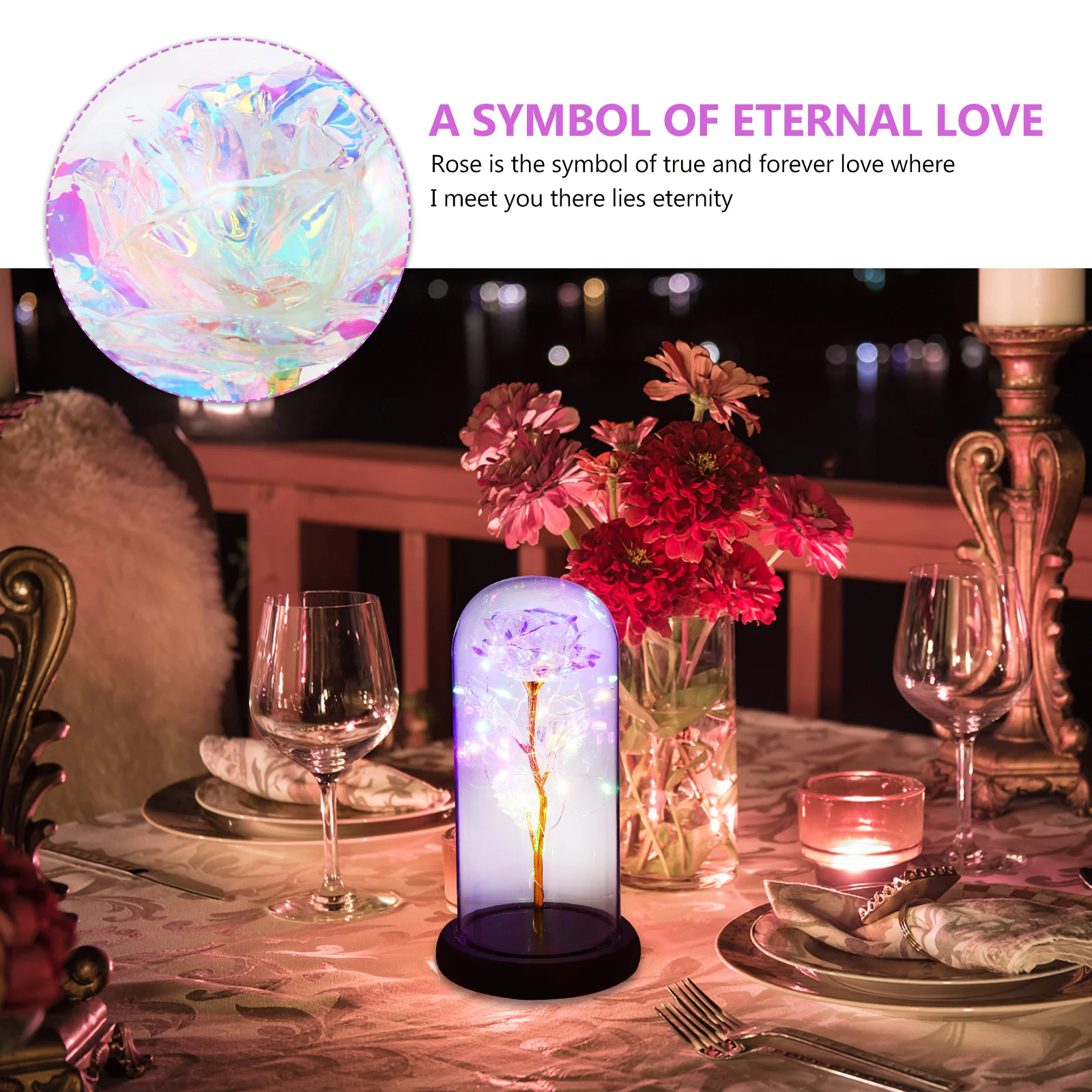 غطاء زجاجي مضيء مقلد وردي إبداعي هدية عيد الحب رومانسية محفوظة على شكل زهرة ديكور منزلي #3