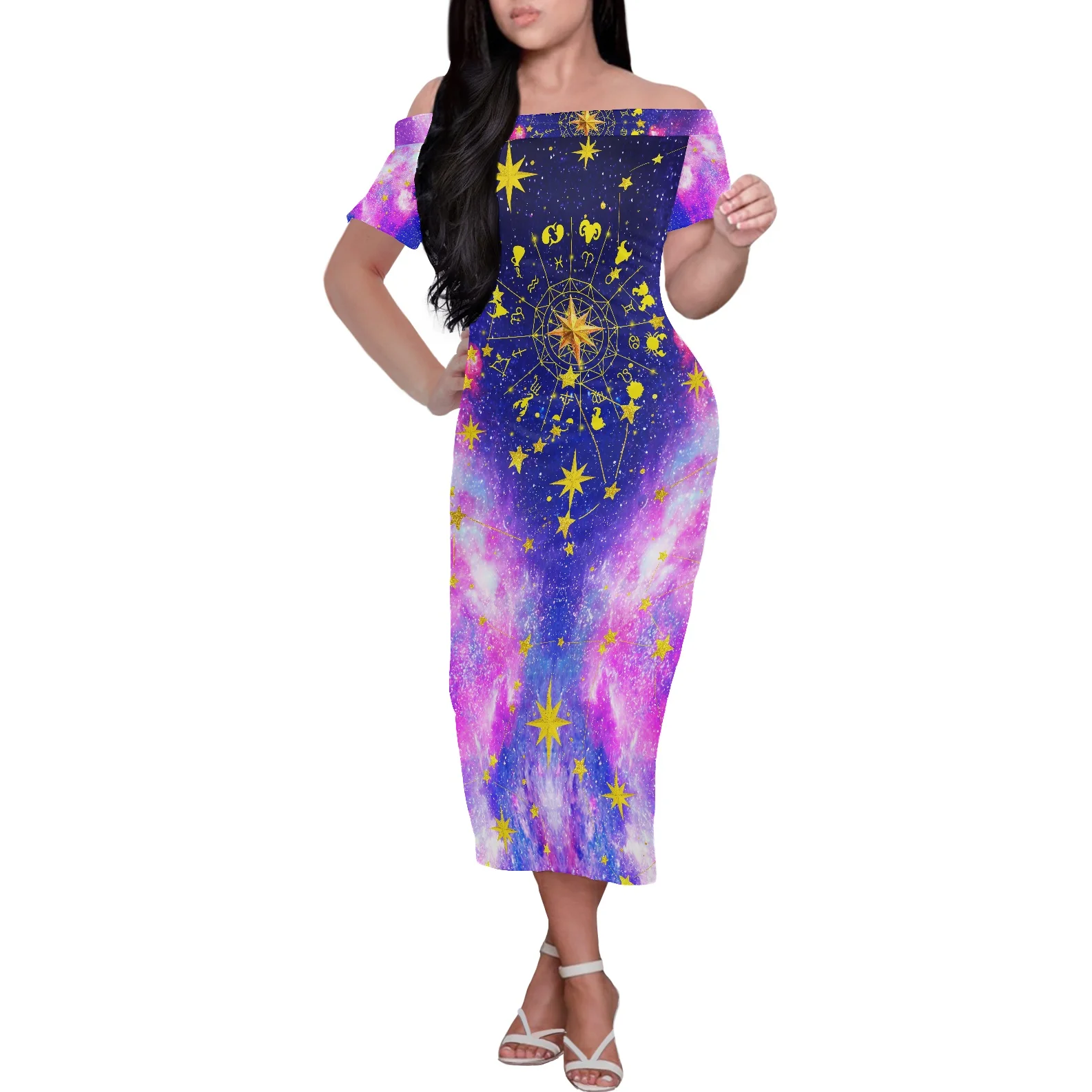 New Style Elegant Summer Women Clothing Off-The-Shoulder Starry Sky Print Dress Sexy Buttocks Short-Sleeved Banquet Long Skirt