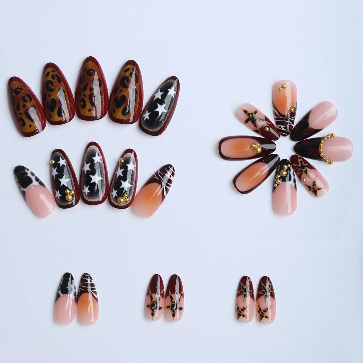 24 Stück Herbst Winter Tragbare Künstliche Nägel Y2k Stern Leopardenmuster Schwarz Verschmieren Falscher Nagel Braun Mandel Französischer Stil Press On Nail