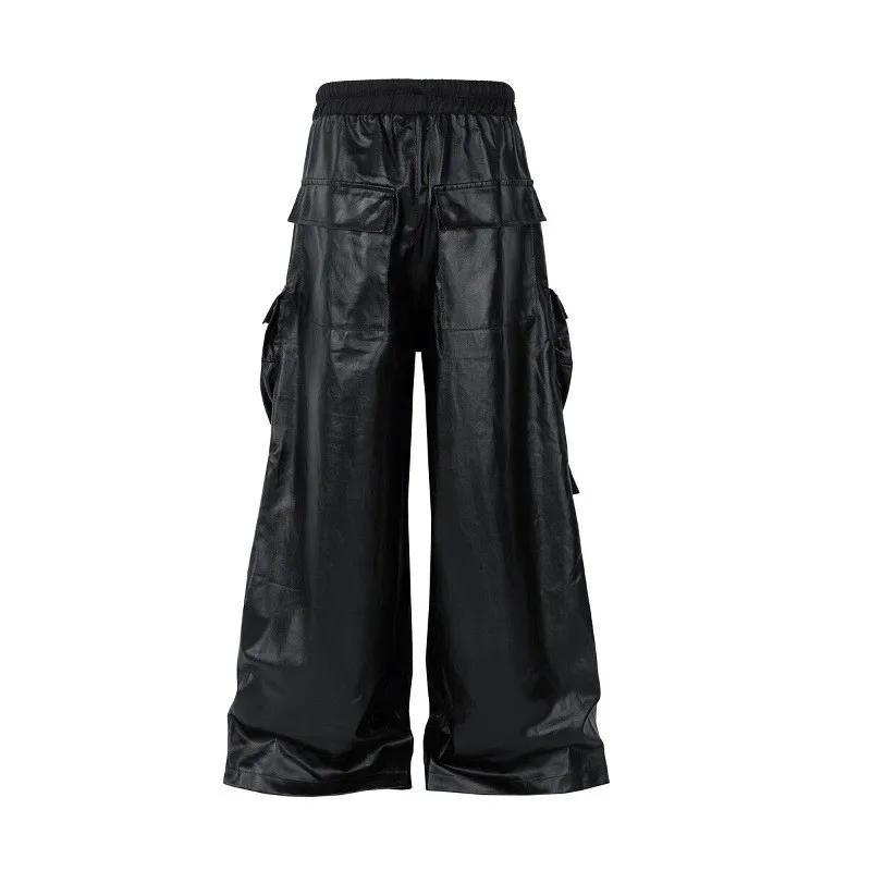 RO Style Dark Multi-Pocket Workwear Straight Leg Casual Drawstring Matte Surface Coated Wide Leg Floor-Length Pants Unisex