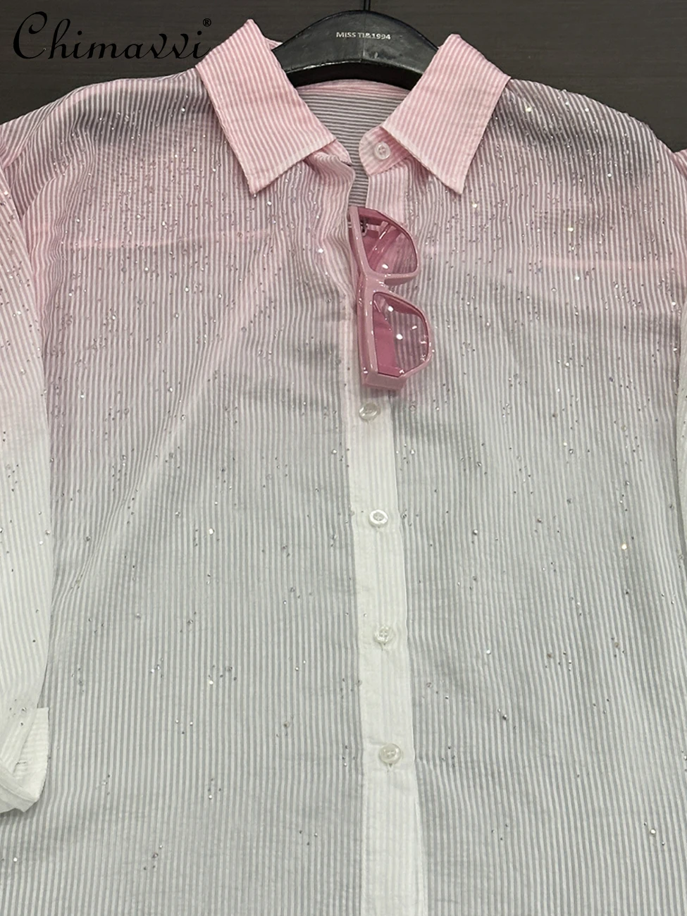 2025 Summer Heavy New Hot Diamond Gradual Change Color Long-sleeved Shirt Women's Fashion Loose Casual Style Long Blouse Top