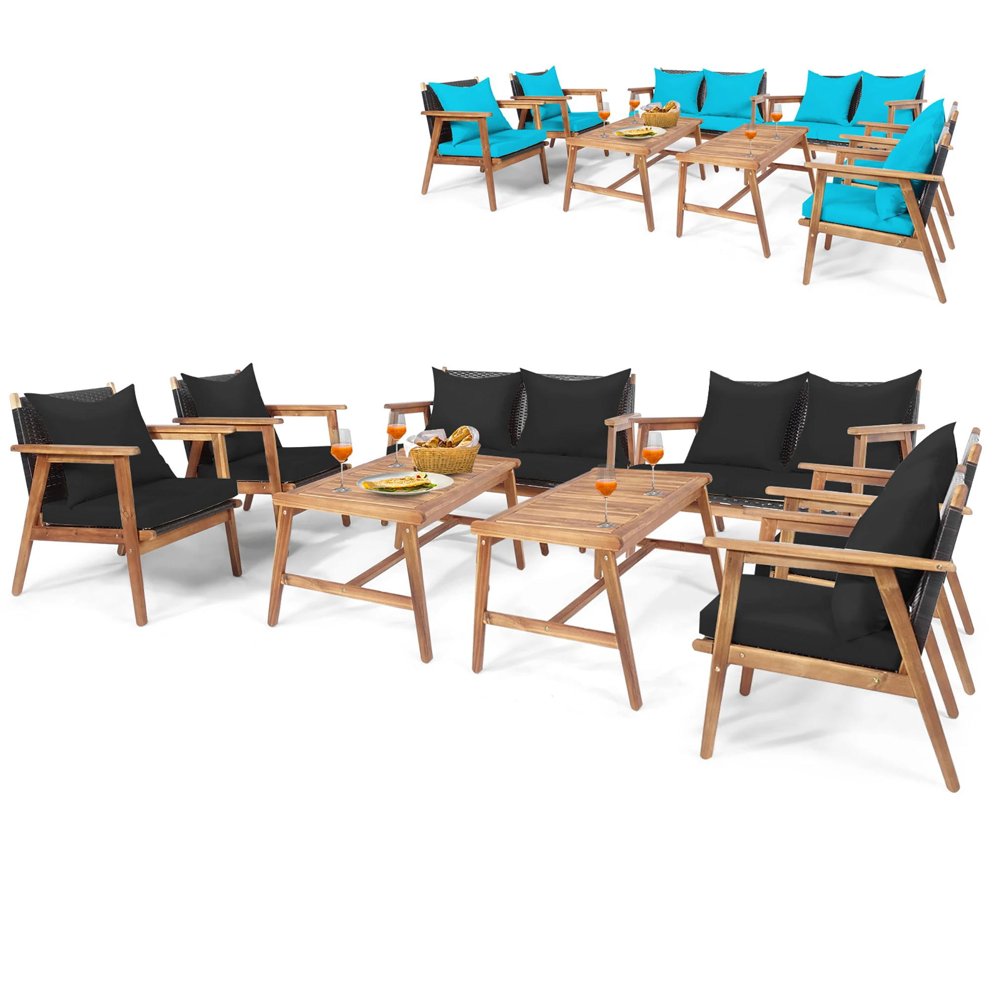 Sofá almofadado de madeira com capa preta e turquesa, Rattan Furniture Set, Pátio, 8Pcs