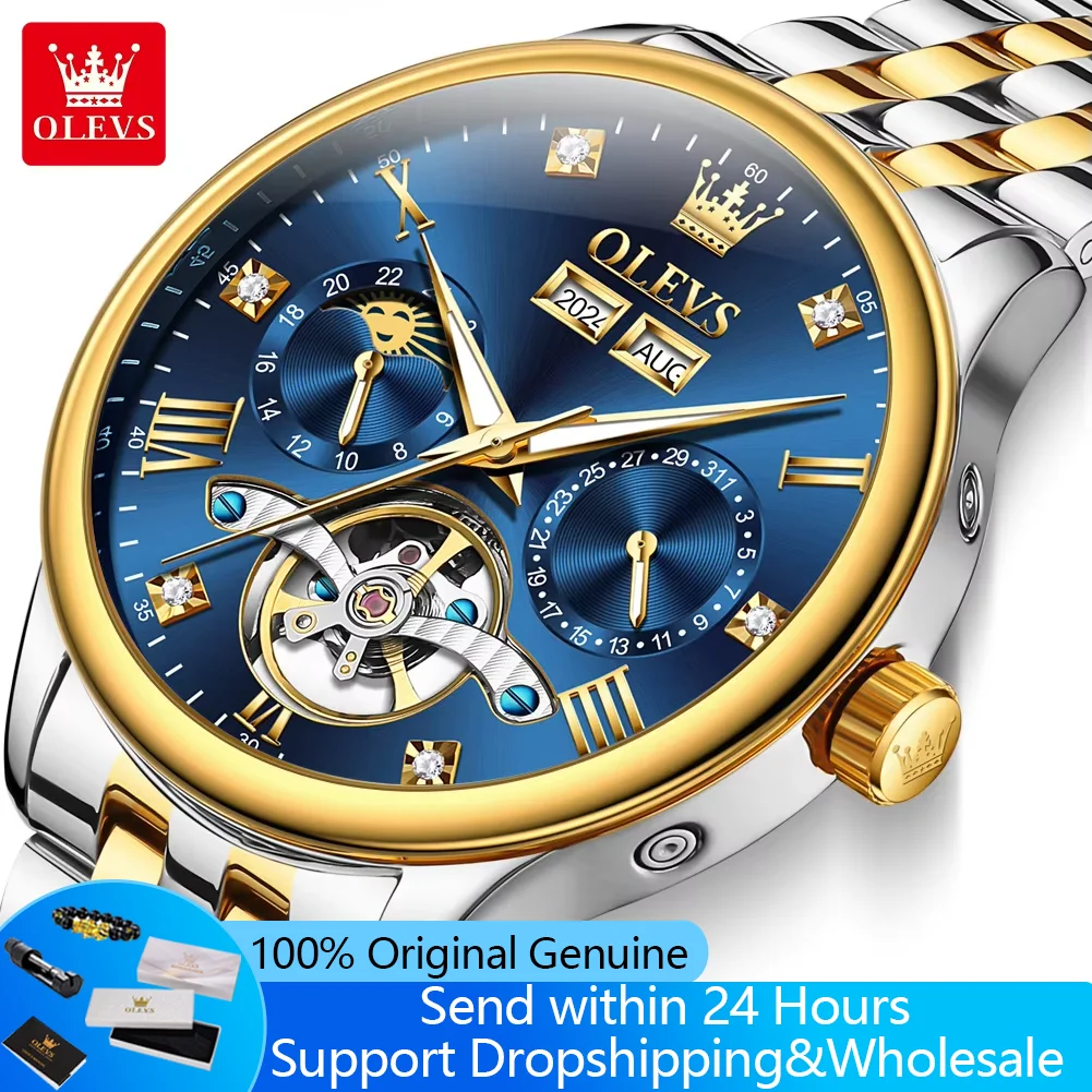 

OLEVS 7023 Automatic Mechanical Watch for Man Luxury Classic Moon Phase Skeleton Flywheel Auto Date Week Business Men's Watches