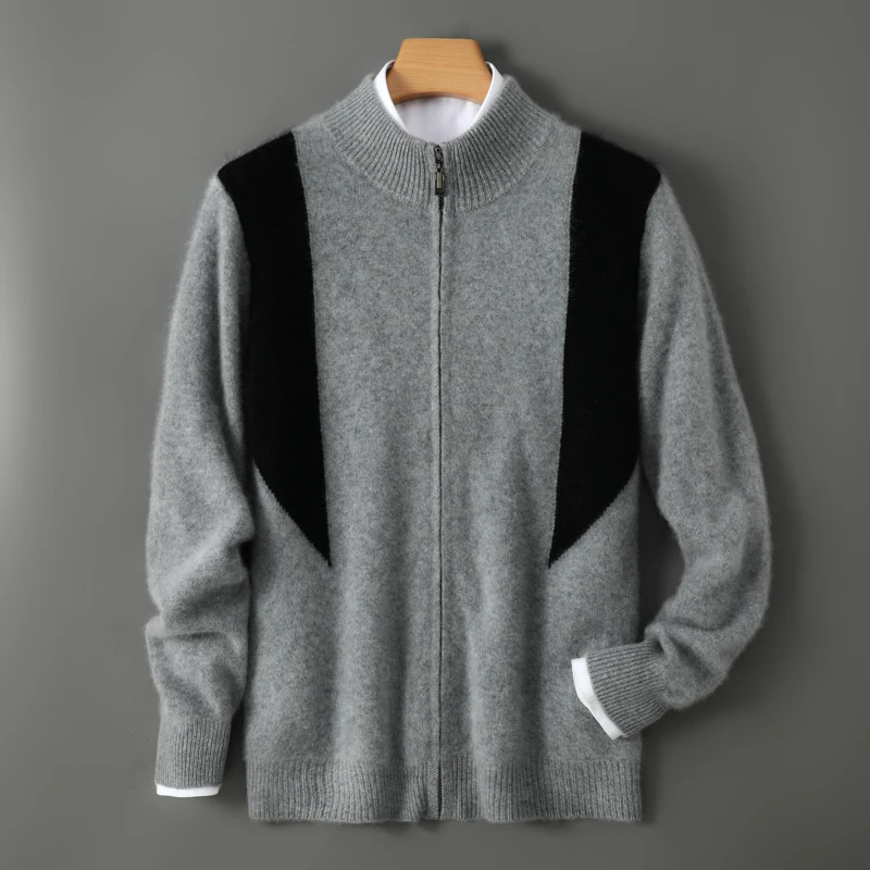 Thickened 100% pure cashmere cardigan men's color matching half-height zipper coat autumn and winter loose cashmere sweater