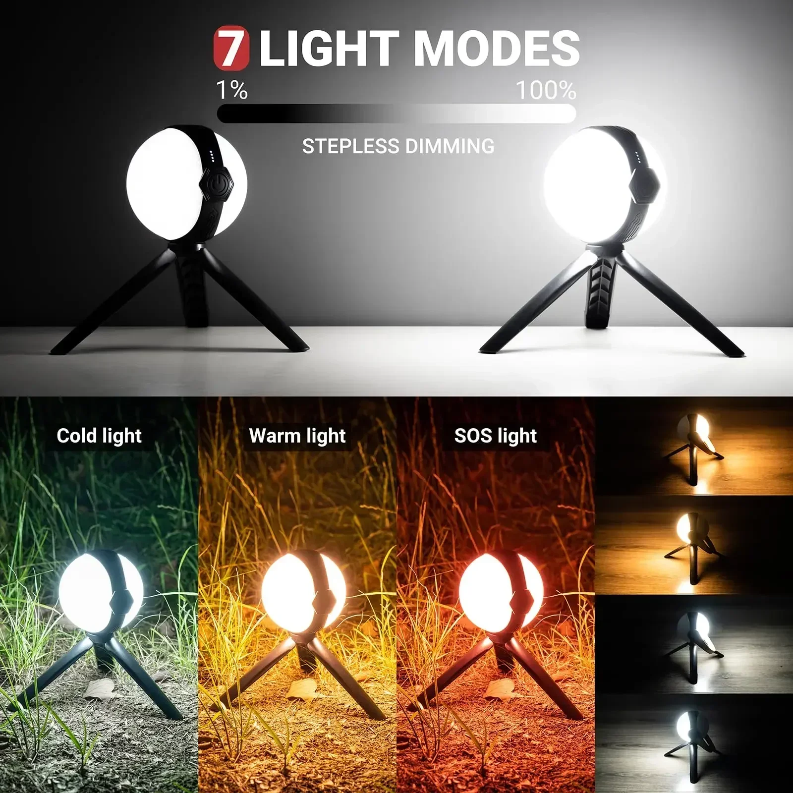 Portable Ball Camping Lantern Bracket Rechargeable Hanging Tent Light Outdoor Super Bright Flashlight Waterproof Emergency Lamp