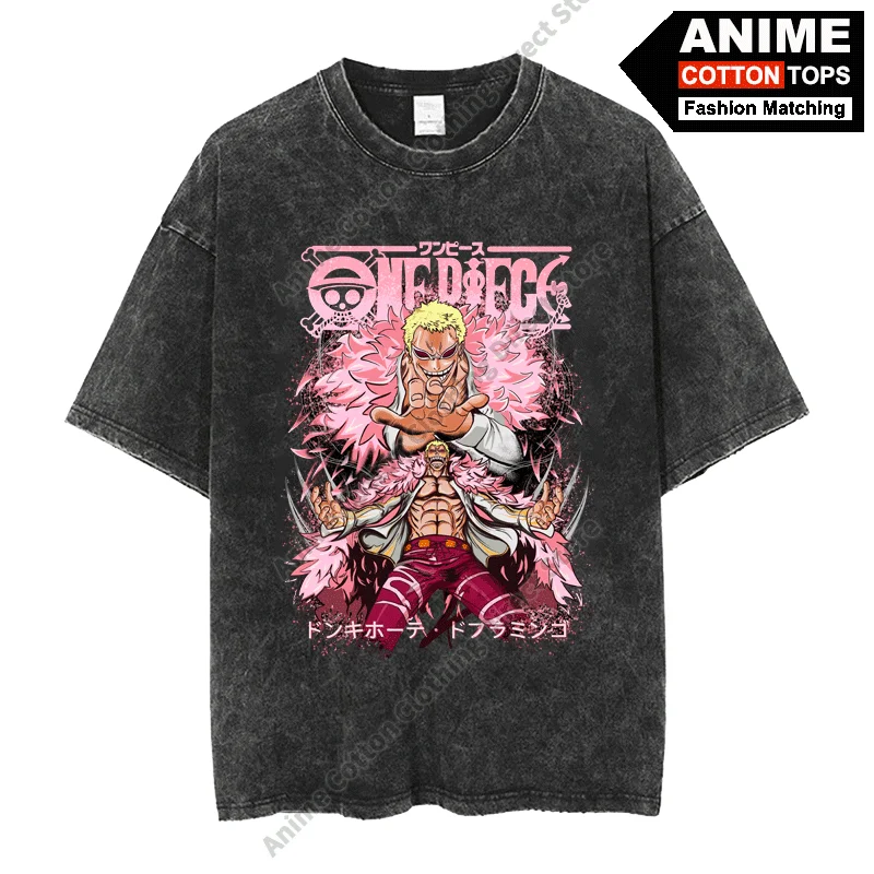 

2025 Anime Pirate King Peripheral Clothing Tops Donquixote Doflamingo Print T Shirt Cotton Washed Vintage Unisex Tees