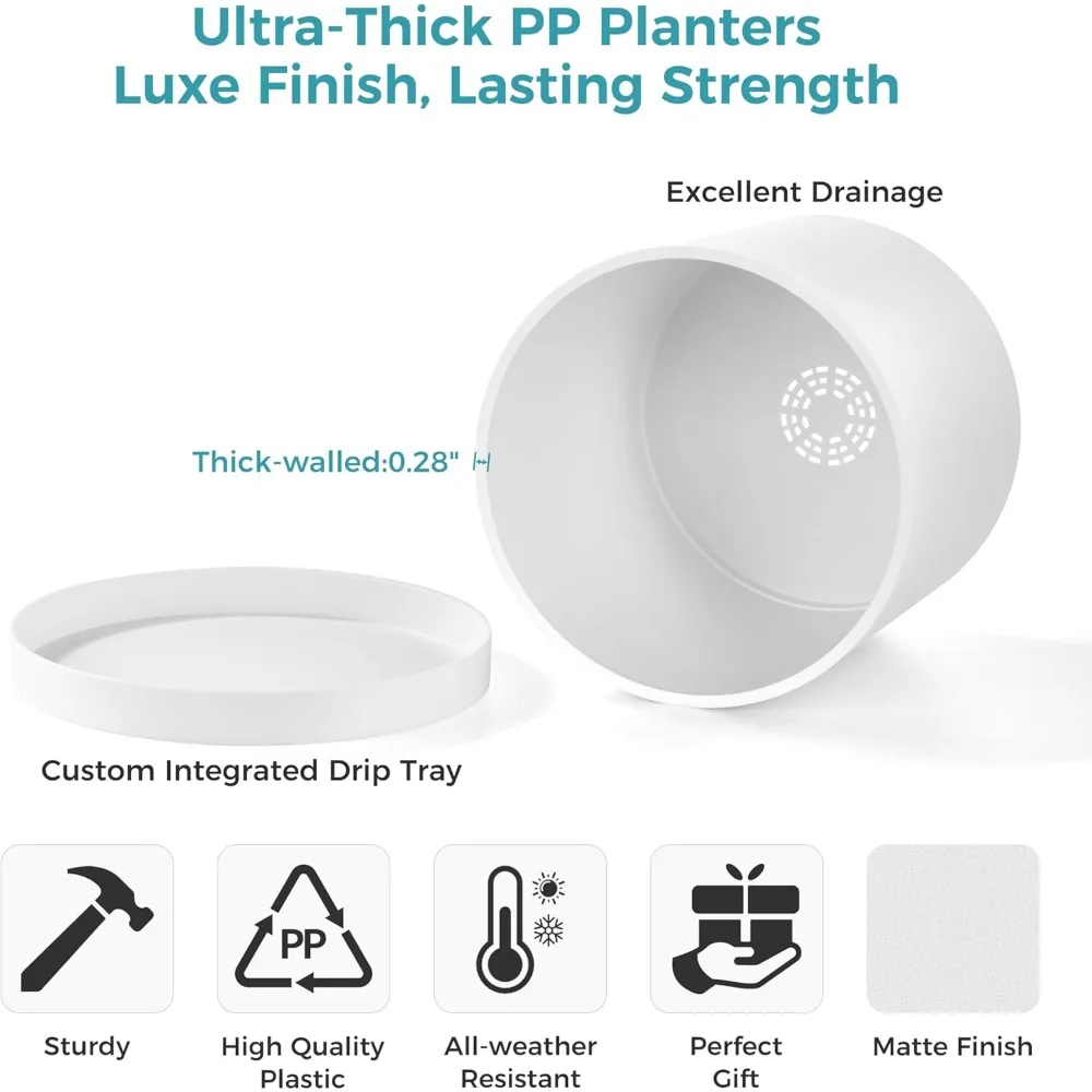 

10-дюймовый современный цилиндрический горшок с дренажными отверстиями и блюдцем, пластиковый горшок на толстой стене для комнатных наружных растений