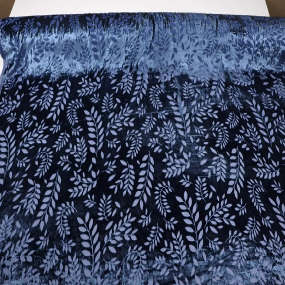 Increíble tela de terciopelo de seda suave elegante Floral de hoja azul marino oscuro para mujer suave vestido de fiesta de vacaciones blusa Casual