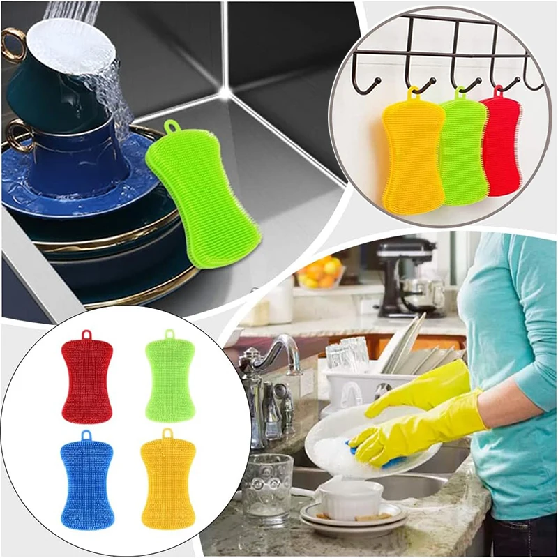 1Pcs Kitchen Cleaning Brush Silicone Sponge Dish Washing Scrubber Household Cleaning Brushes Pot Pan Sponge Scouring Pads Tool