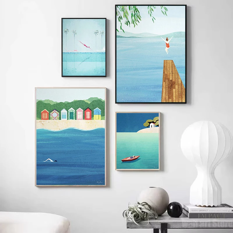 Abstract Seascape Surfing Beach Girl Open-Water Swim Coastal Landscape Poster Canvas Painting Wall Art Pictures Home Decor