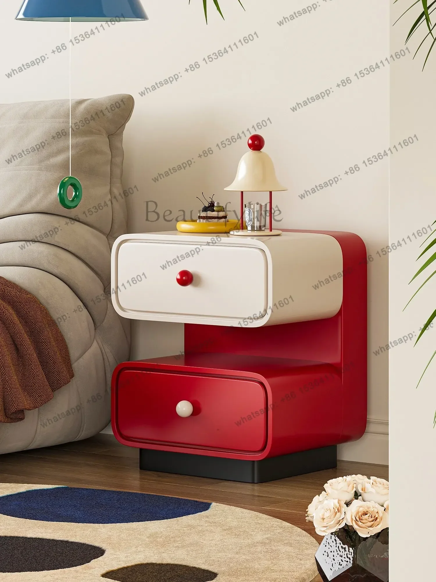 

yj7 FGRounded corner C-type bedside table Modern cream wind bed double-layer color storage cabinet