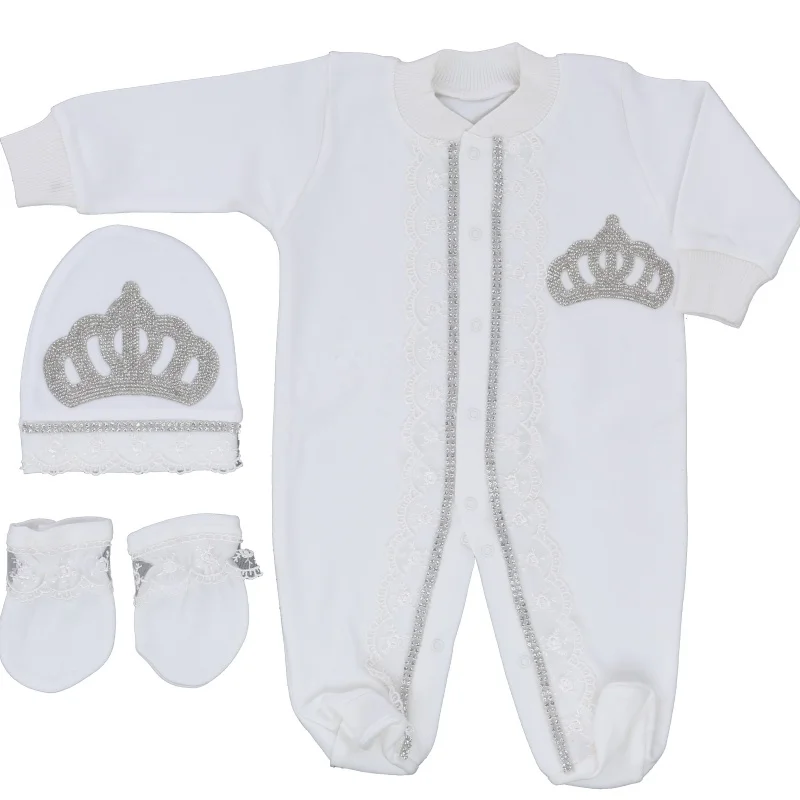 Boutique Newborn White Silver Crown Lace Long Sleeve Footed Romper 0-9 Months Baby Unisex Royal Jumpsuit Baby Shower Gift