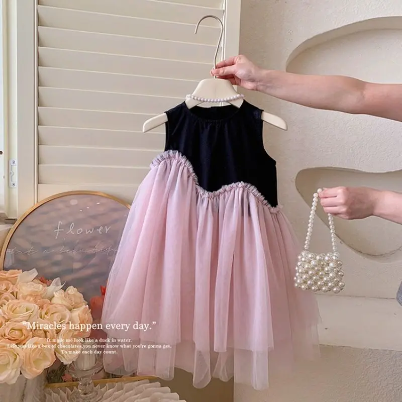 Girls Casual Dresses Color Contrast Patchwork Mesh Princess Dress Toddler Girl Clothes Party Dress Kids Girl Princess Dresses