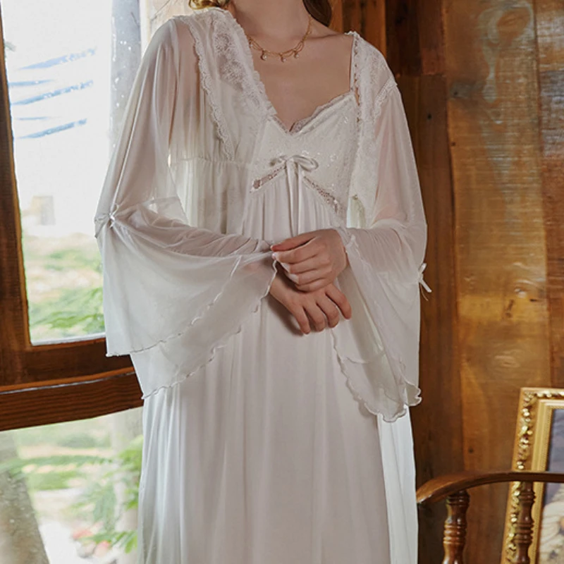 Sexy Mesh Night Dress Fairy Cotton Robe Two Piece Set Pijamas Nightwear Gown and Robe Sets Spring Autumn Modal Long Sleepwear