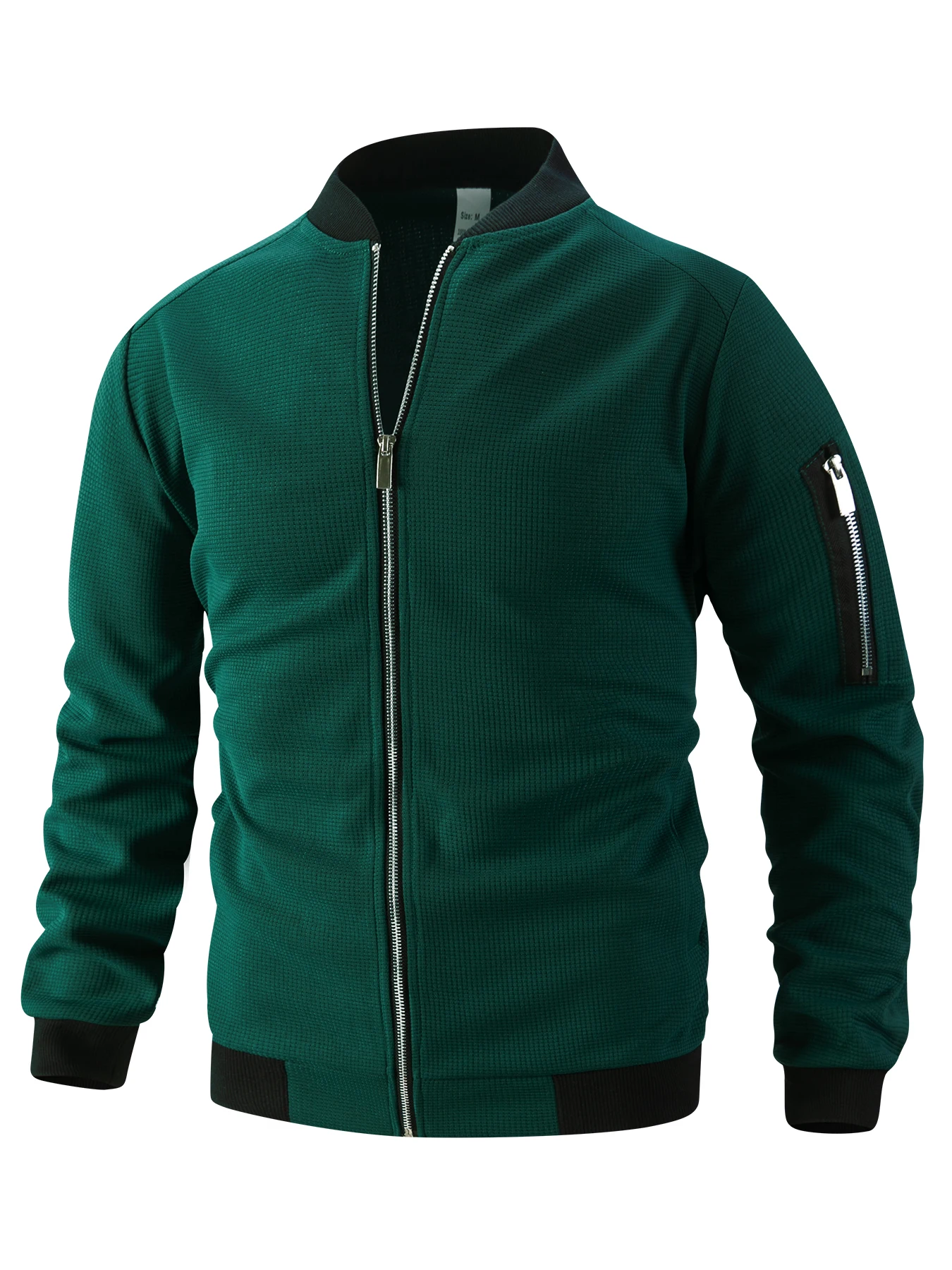 Herrenjacke aus Waffelstrick mit geripptem Baseballkragen, lässige Fliegerjacke mit durchgehendem Reißverschluss, mit Reißverschlussmanschetten und Taschen, lässiger Stil. – Detail 12