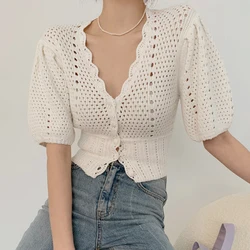 Crochet Korean V Neck Crop Top Puff Short Sleeve Sweater Mujer Summer Cardigan Knitted Cropped  Sueters Hollow Sweet