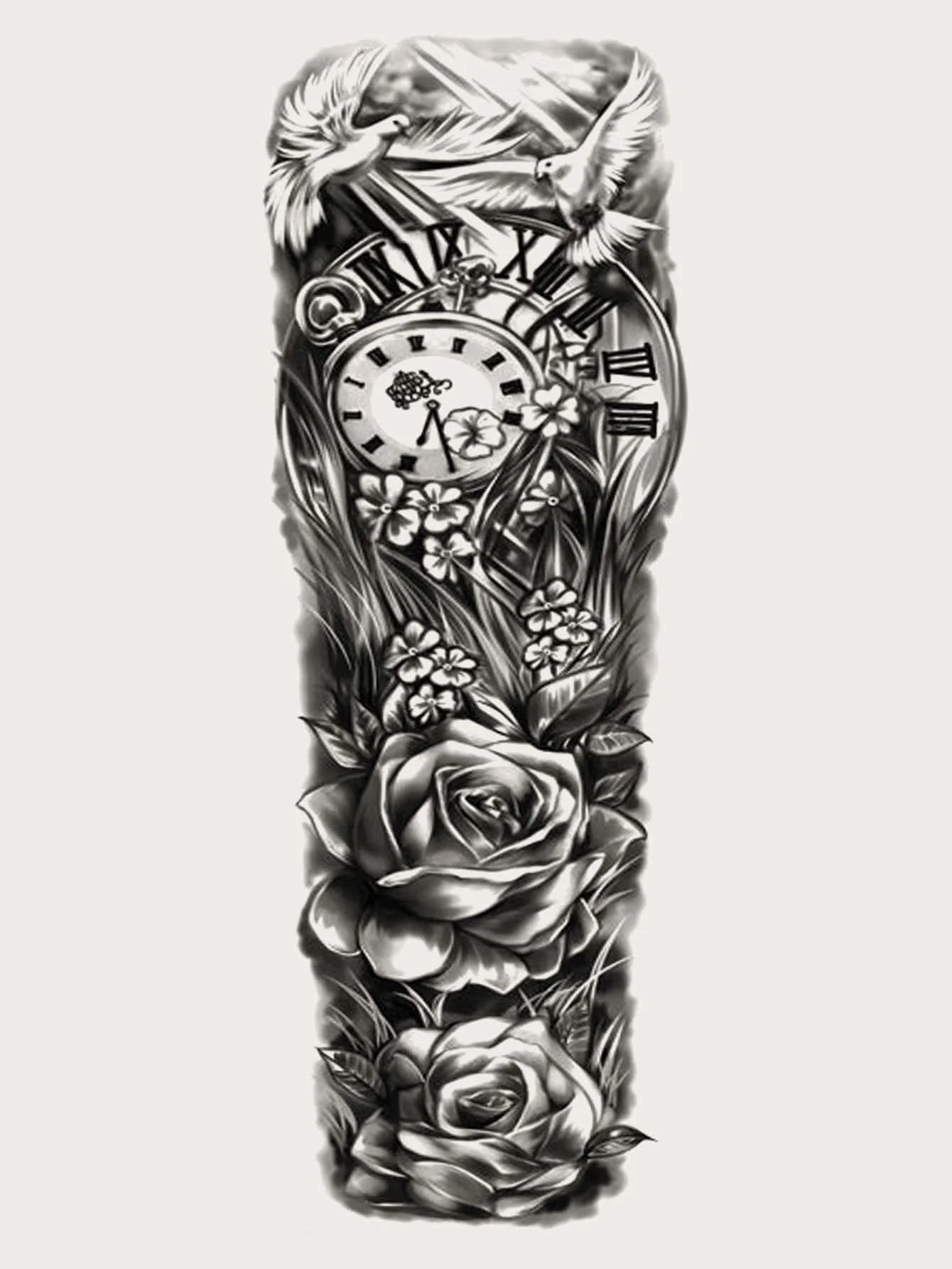 Tattoo Sticker,1 Sheet Large Half Arm Sleeve Flower & Clock Pattern Temporary Tattoos Flower Fake Tattoo Stickers Adults.