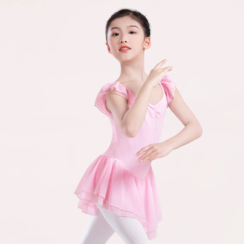 Meninas crianças collants de balé rosa plissado mangas dança collant ginástica bodysuits com duas camadas saias trajes de dança de balé