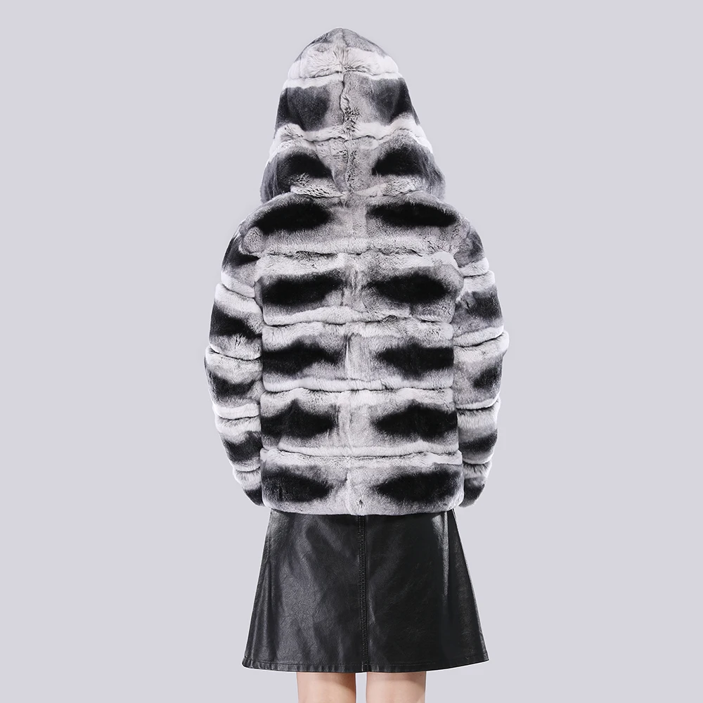 Women Real Rex Rabbit Fur Coat With Hood Down Coat Jacket Sleeves Fur Bomber Jacket Real Fur Jacket Hooded With Down Fur Coat