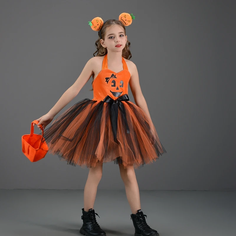 Baby Girls Halloween Pumpkin Costume Cute Sleeveless Tulle Dress Headband Bag Set Holiday Cosplay Outfits