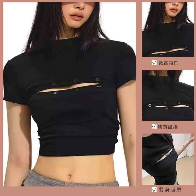 

Sexy Solid Color Spicy Girl Short Sleeved T-shirt with Half High Collar and Exposed Navel Short Style Tight Fitting Women's Top