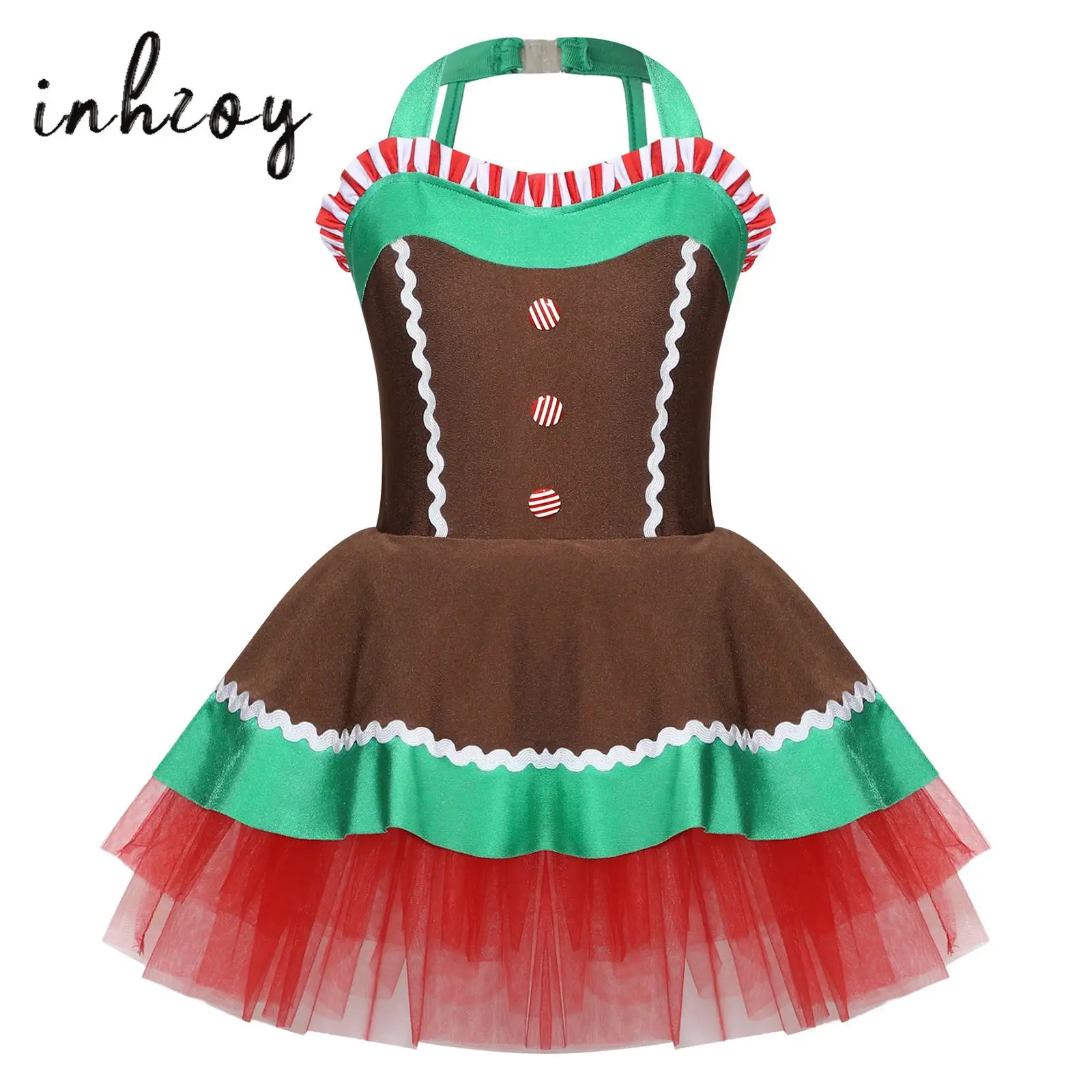 

Halter Sleeveless Gingerbread Man Costume for Girl Sweetheart Mesh Tutu Leotard Dance Dress Performance Figure Skating Dancewear