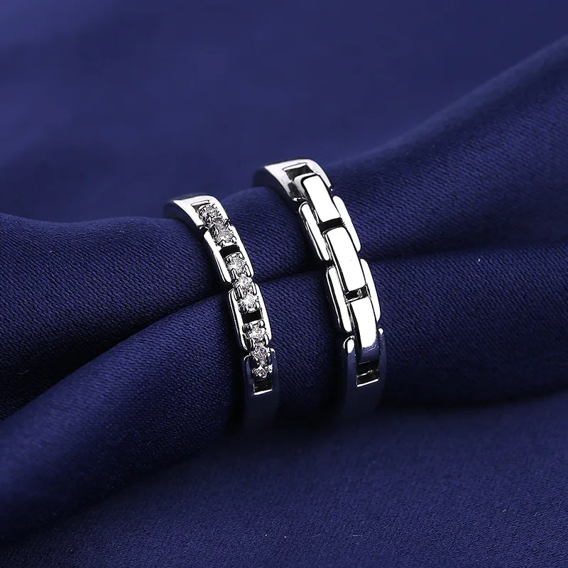 2Pcs New Fashion Chain Lovers' Rings For Men Women Simple Shiny Crystal Open Ring Couple Rings Jewelry Valentine's Day Present