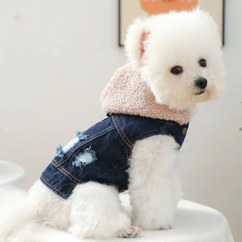 

Blue Denim Jacket Spring Autumn Fleece Hat Costume Sleeveless Jeans Clothes For Small Dogs York Dachshund Pet Clothing Coat Suit