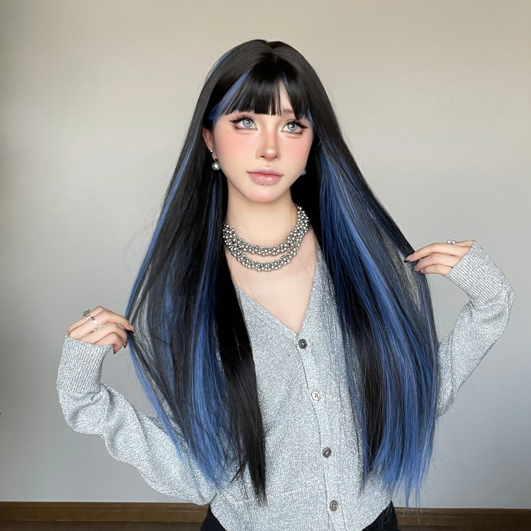 Long Straight Black Mixed Blue Synthetic Wigs with Bangs for Women Blue Black Colorful Cosplay Natural Hair Wigs Heat Resistant