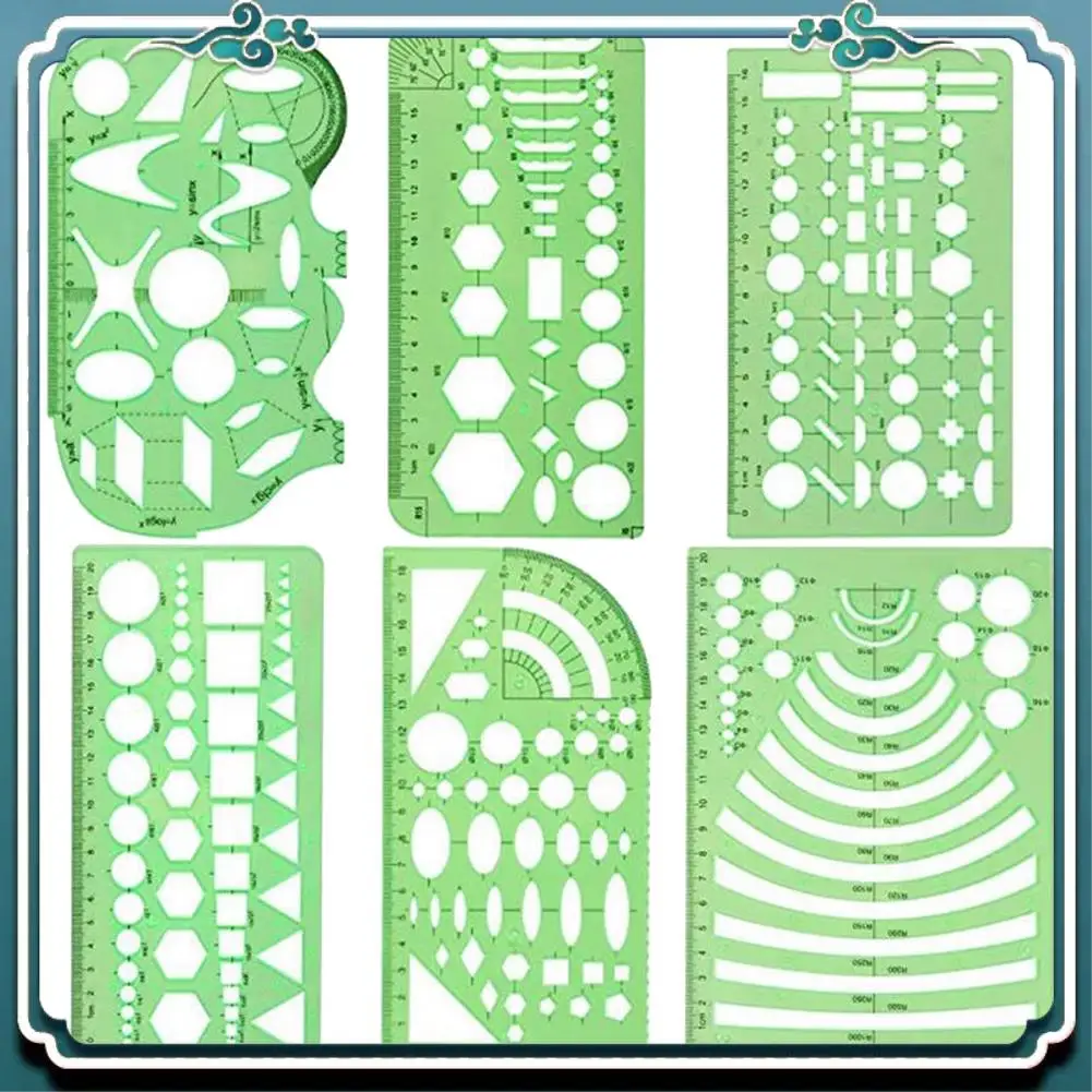 Easy To Use 6 Pcs Drawing Roller Drawings Templates Rulers School Practical Measuring Multifunction Math Stencils Set