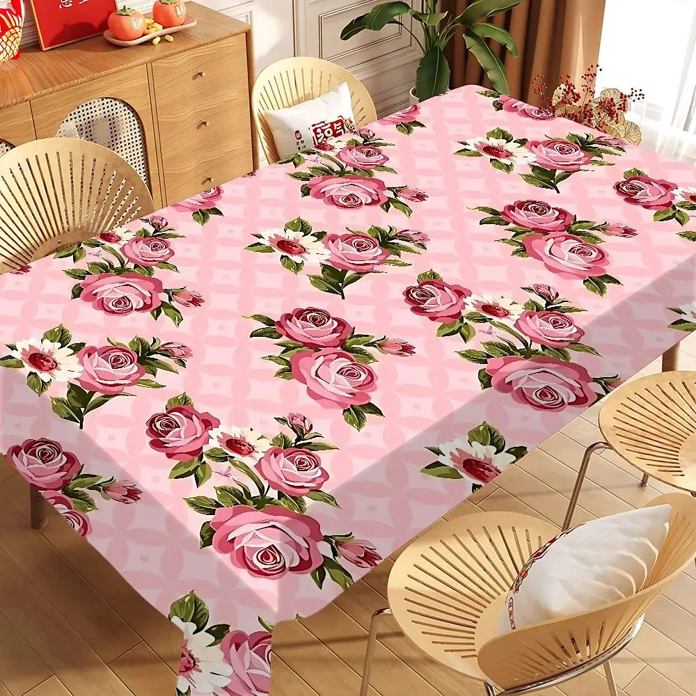 Retro Pink Rose Pattern Flower Table Cloth Tablecloth Waterproof Oil-Proof Stain-Resistant Wipeable Rectangle Table