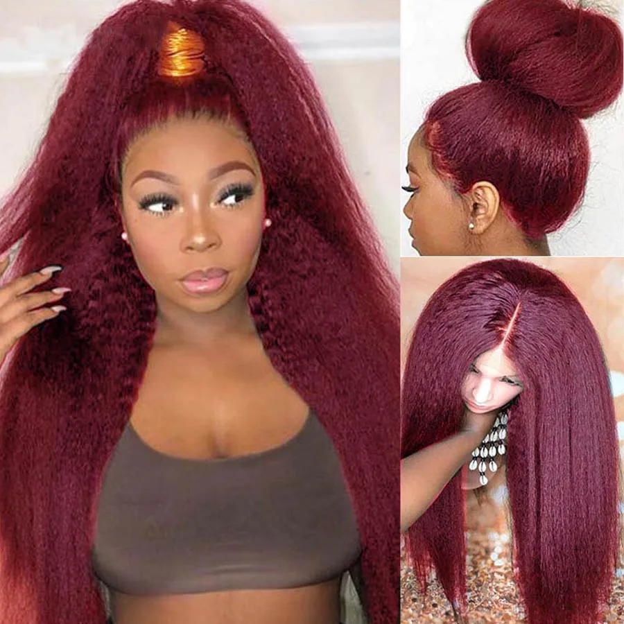 Preplucked Soft Burgundy Kinky Straight Yaki Lace Front Wig 99j 180% Density For Black Women With Babyhair Glueless Daily Wine