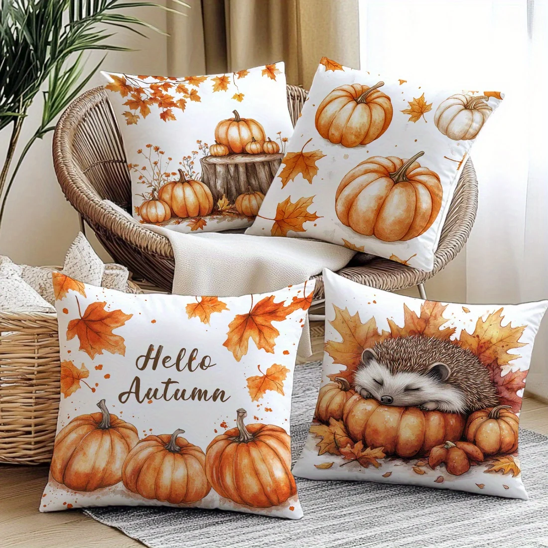 4Pcs Single-Sided Print Pillow Covers - Autumn Harvest Pumpkin Hedgehog Pattern, Decorative Cushion Cases for Living Room Sofa