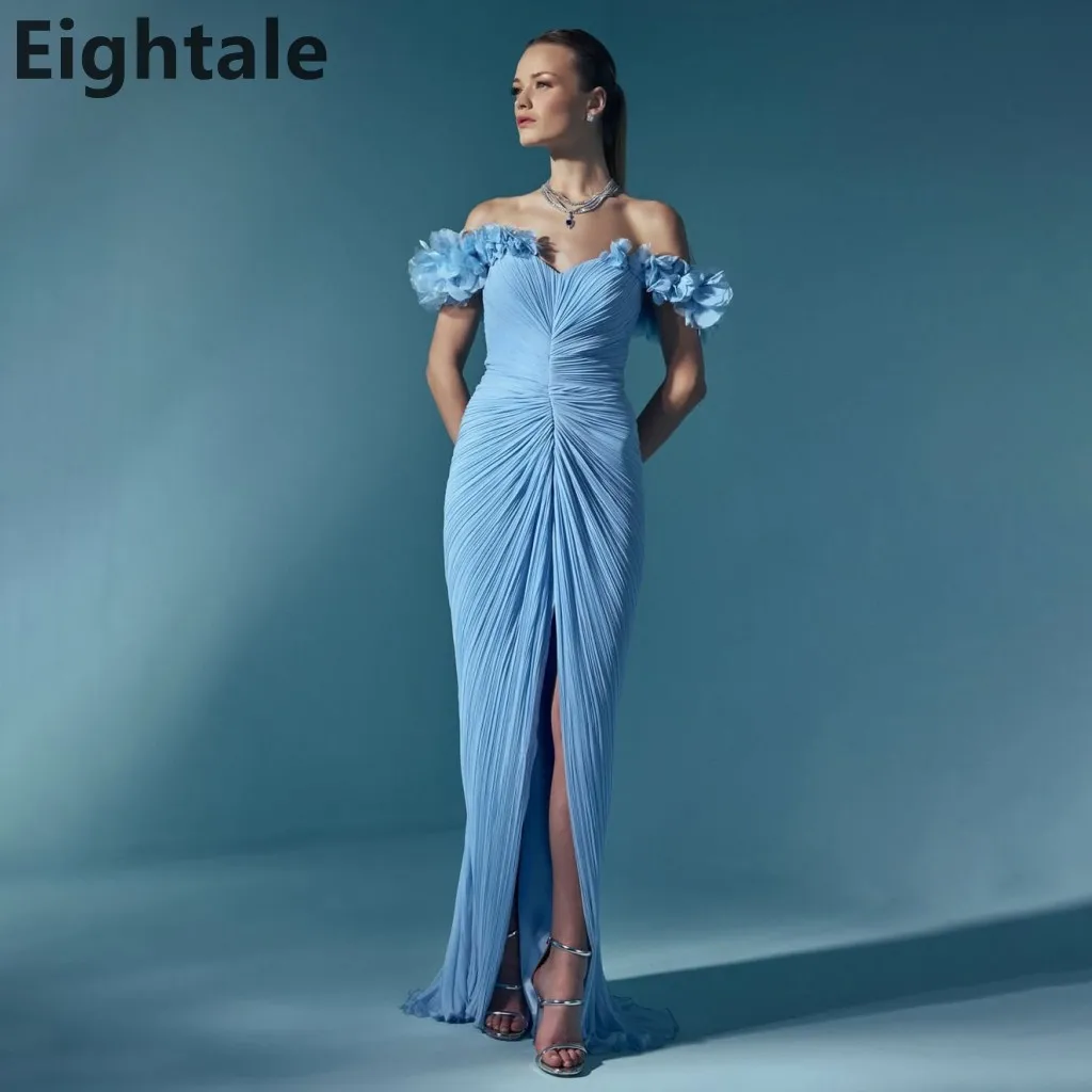 

Eightale 2025 небесно-голубое шифоновое вечернее платье макси со складками и открытыми плечами, платье для выпускного вечера в Саудовской Аравии, вечернее платье в Дубае по индивидуальному заказу