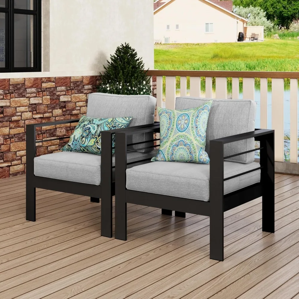 

Patio Furniture Metal Armchair,2 PCS All-Weather Aluminum Garden Outdoor Contemporary Sofa Chair with Light Grey
