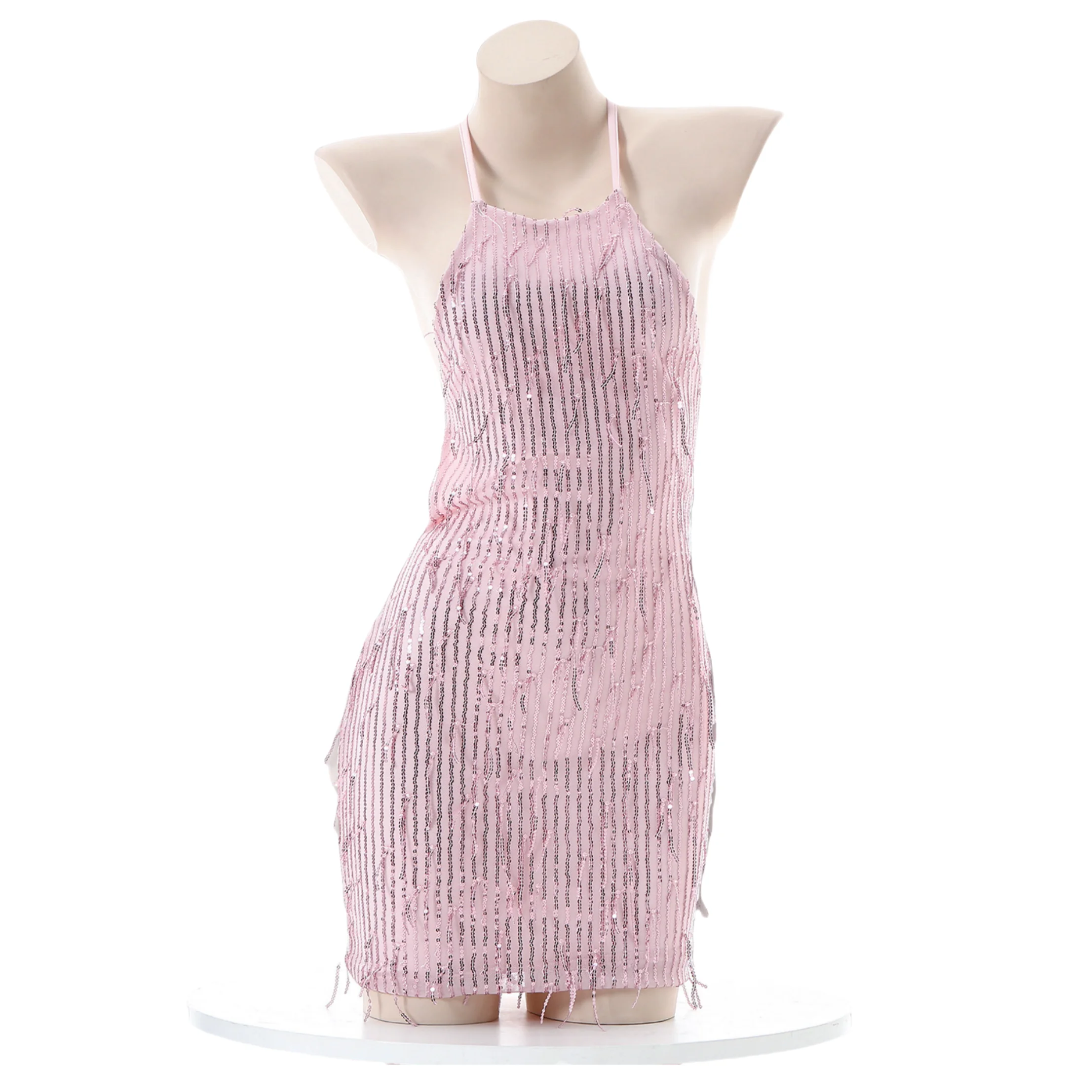 Women Sexy Pink Nightgown Shine Halter Sleeveless Backless Sequined Tassel Lace Up Mini Dress Summer Y2K Streetwear Party Outfit