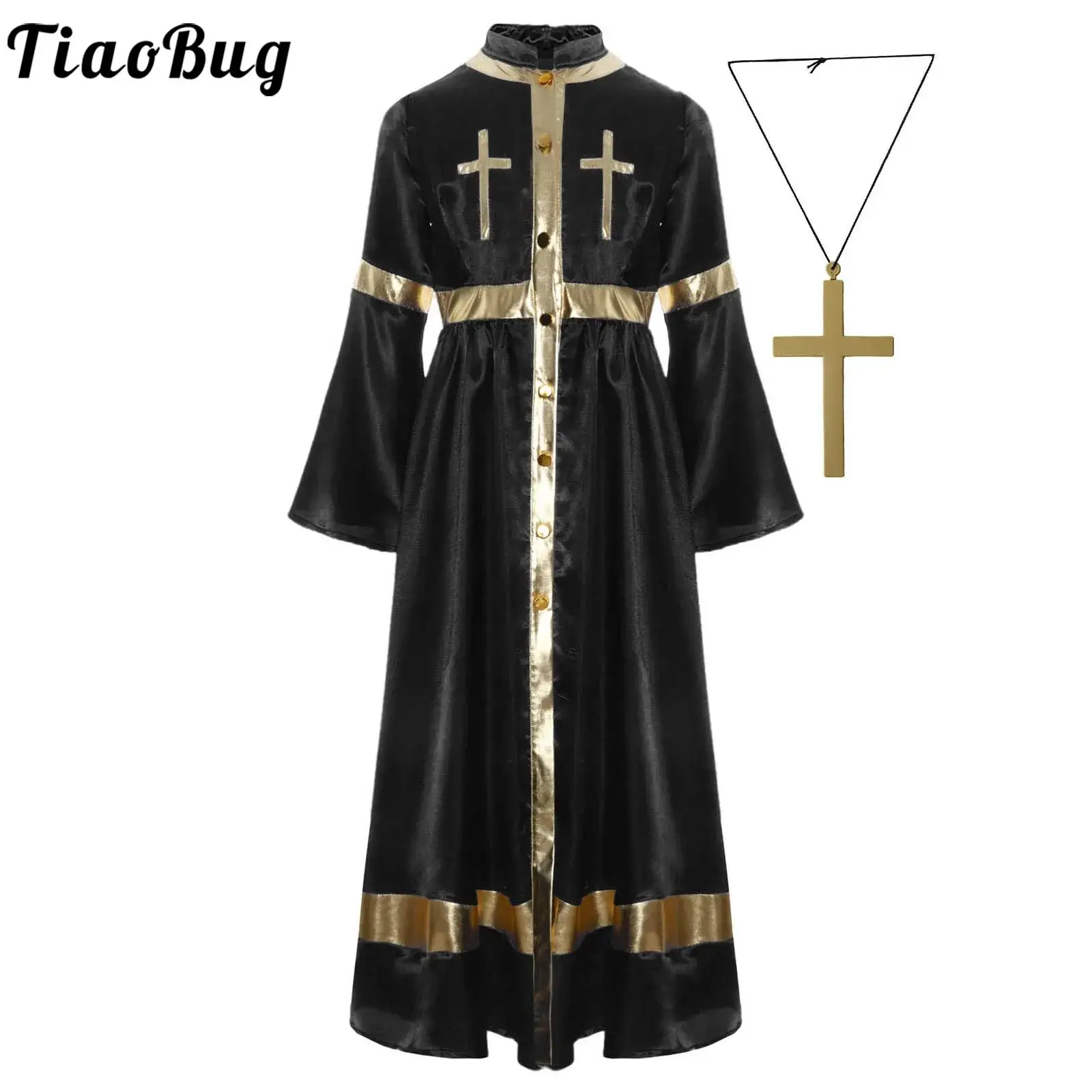 

Girls Cassock Minister Costumes Robe Halloween Dresses Long Sleeve Cross Print Dress and Cross Necklace for Religious Ceremonies