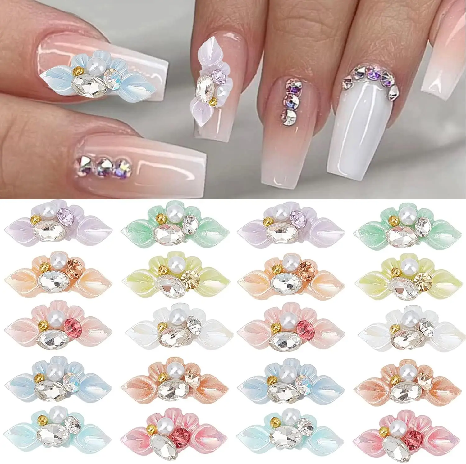10/20 piezas dijes de uñas 3D, pétalos de flores, gemas y diamantes de imitación para decoración de uñas, accesorios de decoración de uñas hechos a mano para mujeres G