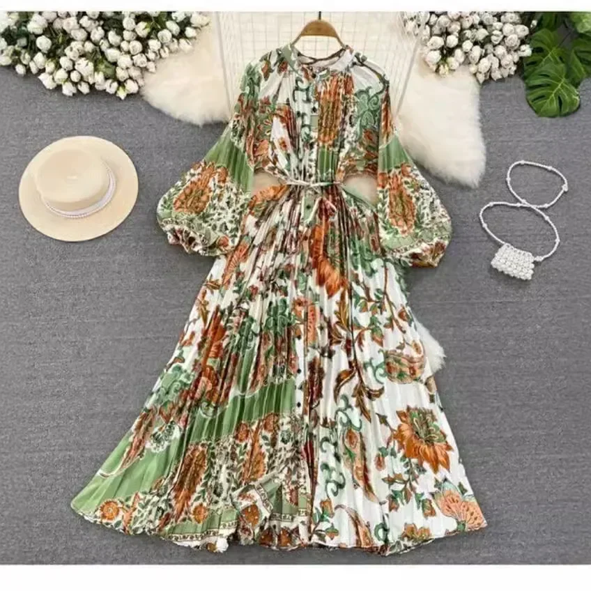 

New Luxurious Lantern with Long Sleeves Waistband Slimming Effect Single Breasted Printed Dress Elegant Long Skirt Women's Dress