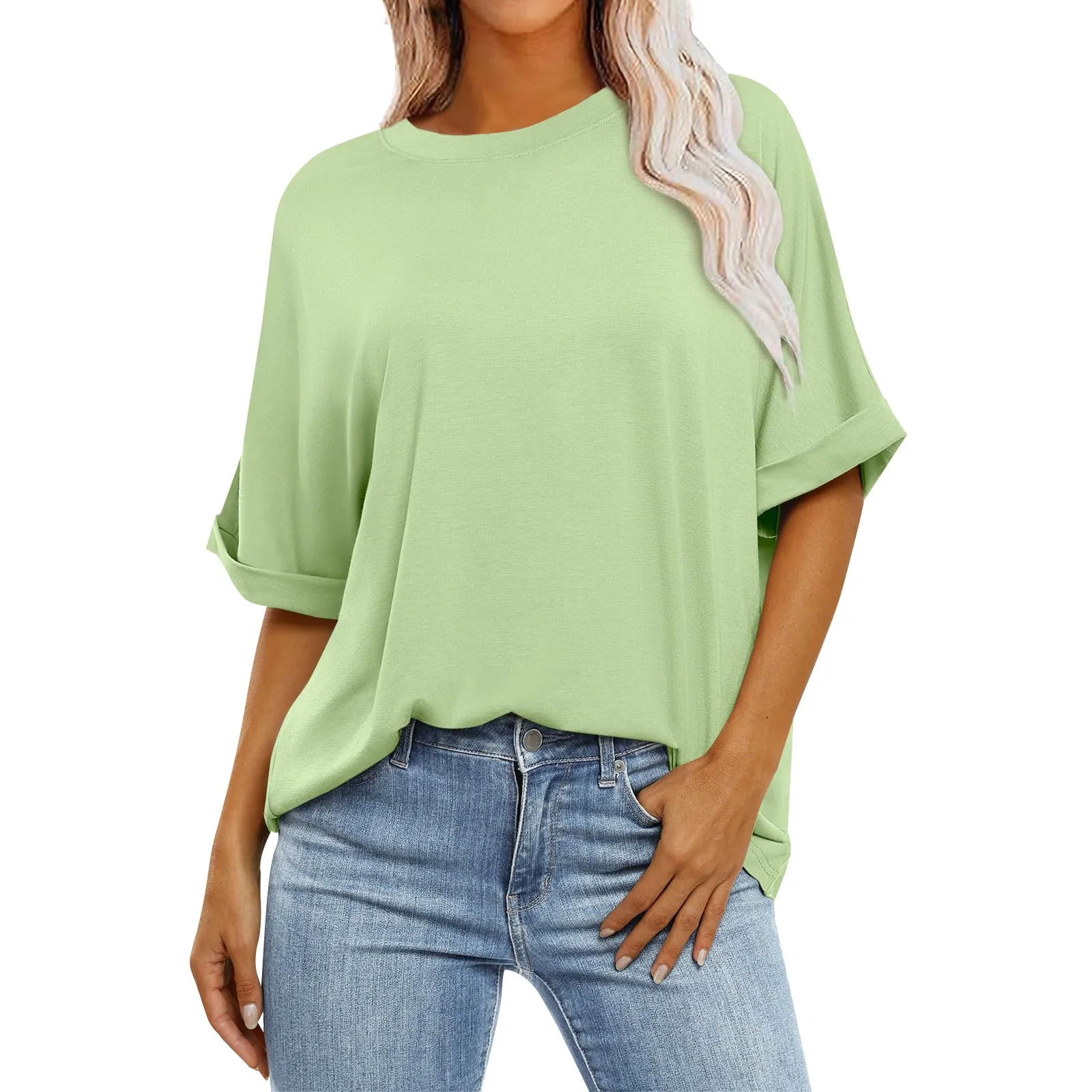 Girls’ Large Size Loose Solid Color Classic Style Round Neck Three Quarter Sleeved T-shirt Top Ice Silk And Comfortable T-shirt