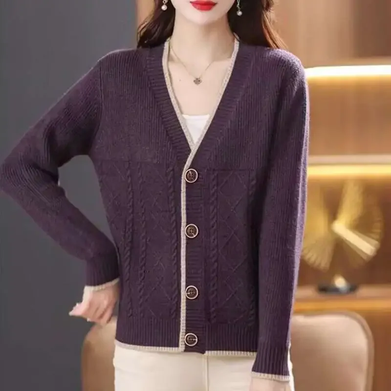 

Модная верхняя одежда с v-образным вырезом и цветными блоками, осень-зима 202, новая простая и модная вязаная куртка-кардиган для женщин