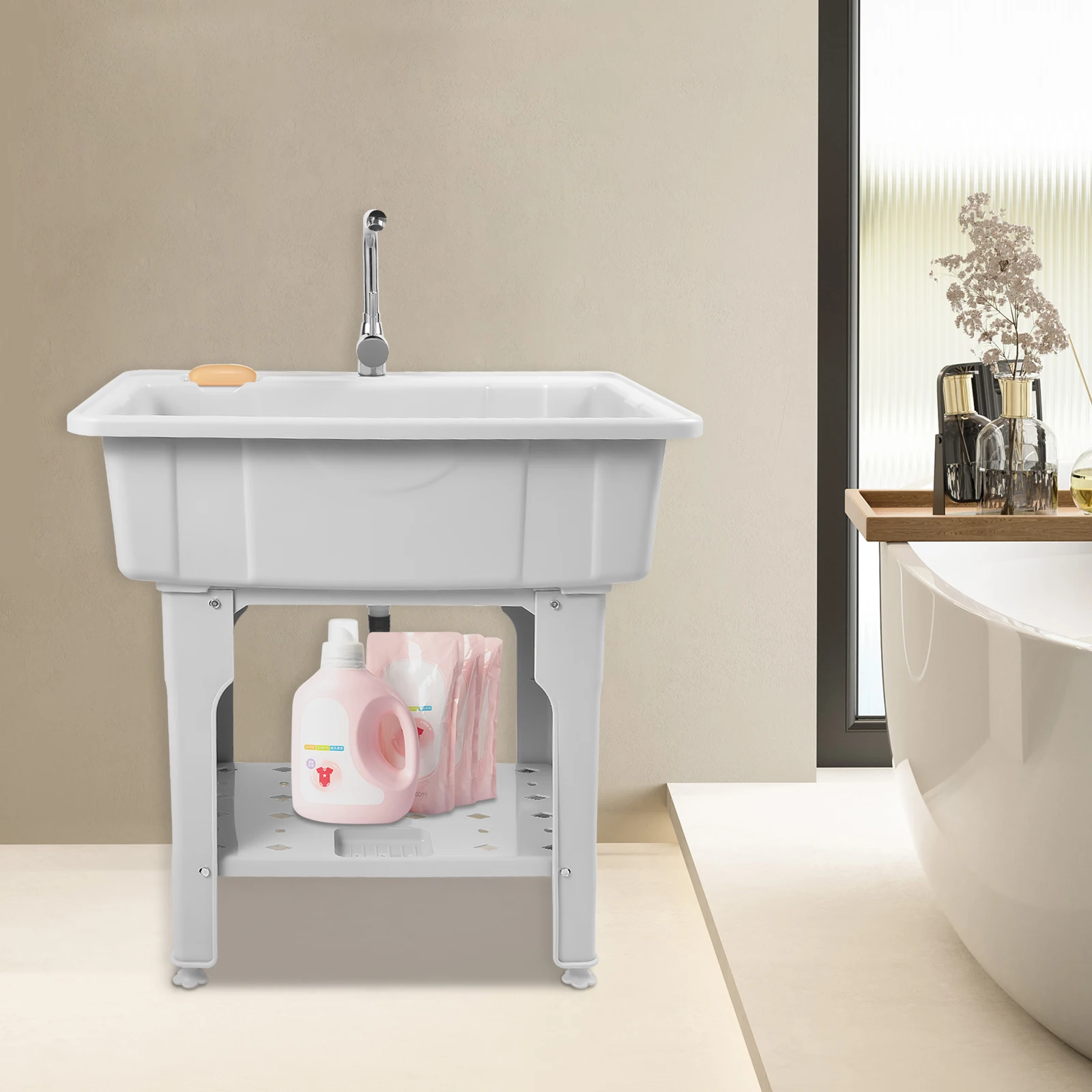 حوض غسيل متعدد الاستخدامات - قدرة تحمل قوية، تركيب سريع، مظهر رمادي كلاسيكي، مثالي للمنزل والحمام