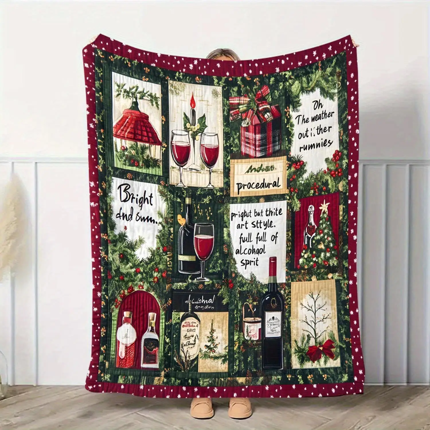 

Luxury 280g Thickened Flannel Blanket - Red Gold Christmas Burgundy and Holly Berry Pattern, Soft Polyester Bedspread