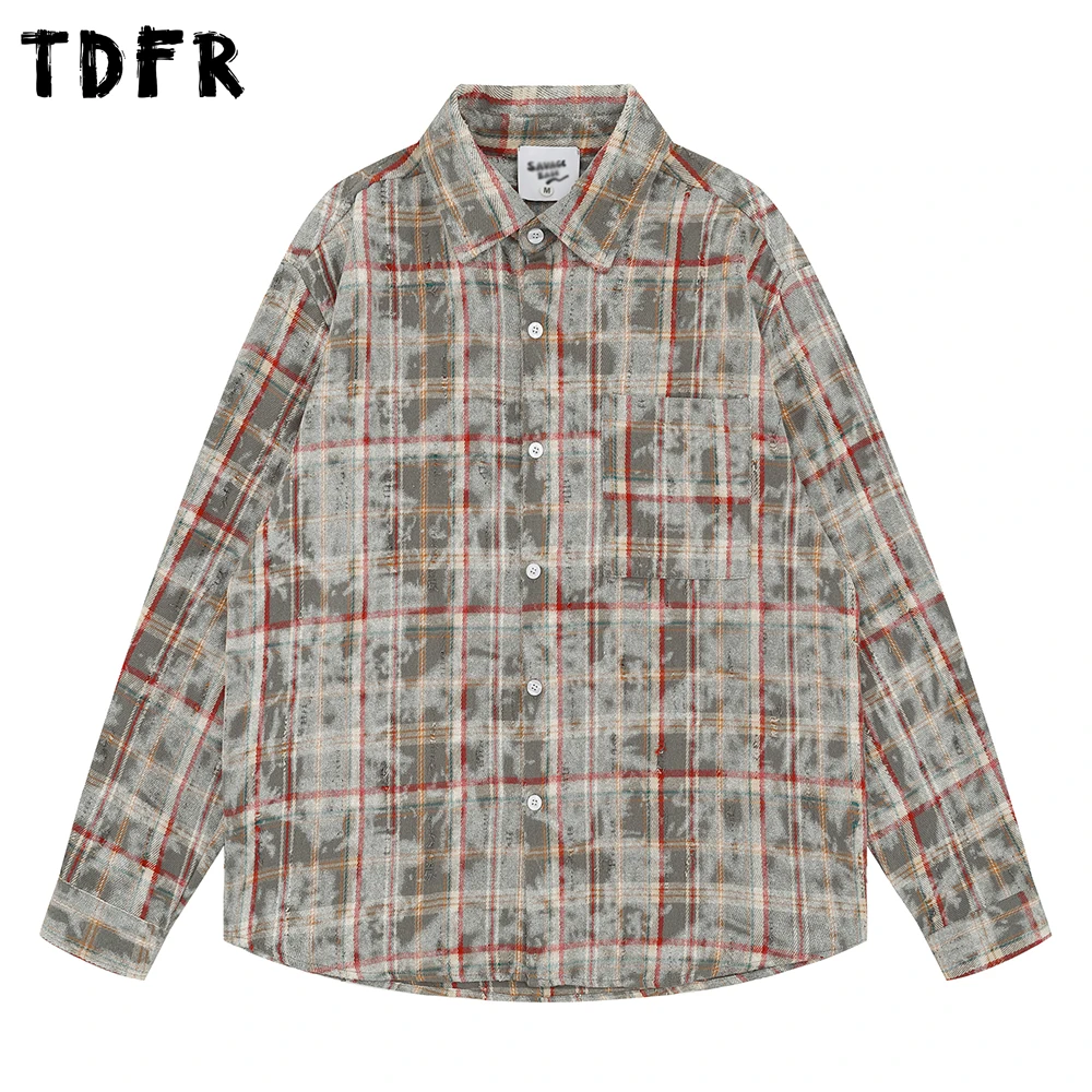 

Retro Ripped Long Sleeve Shirts Mens Autumn Casual Loose Single Breasted Lapel Cotton Shirts Man