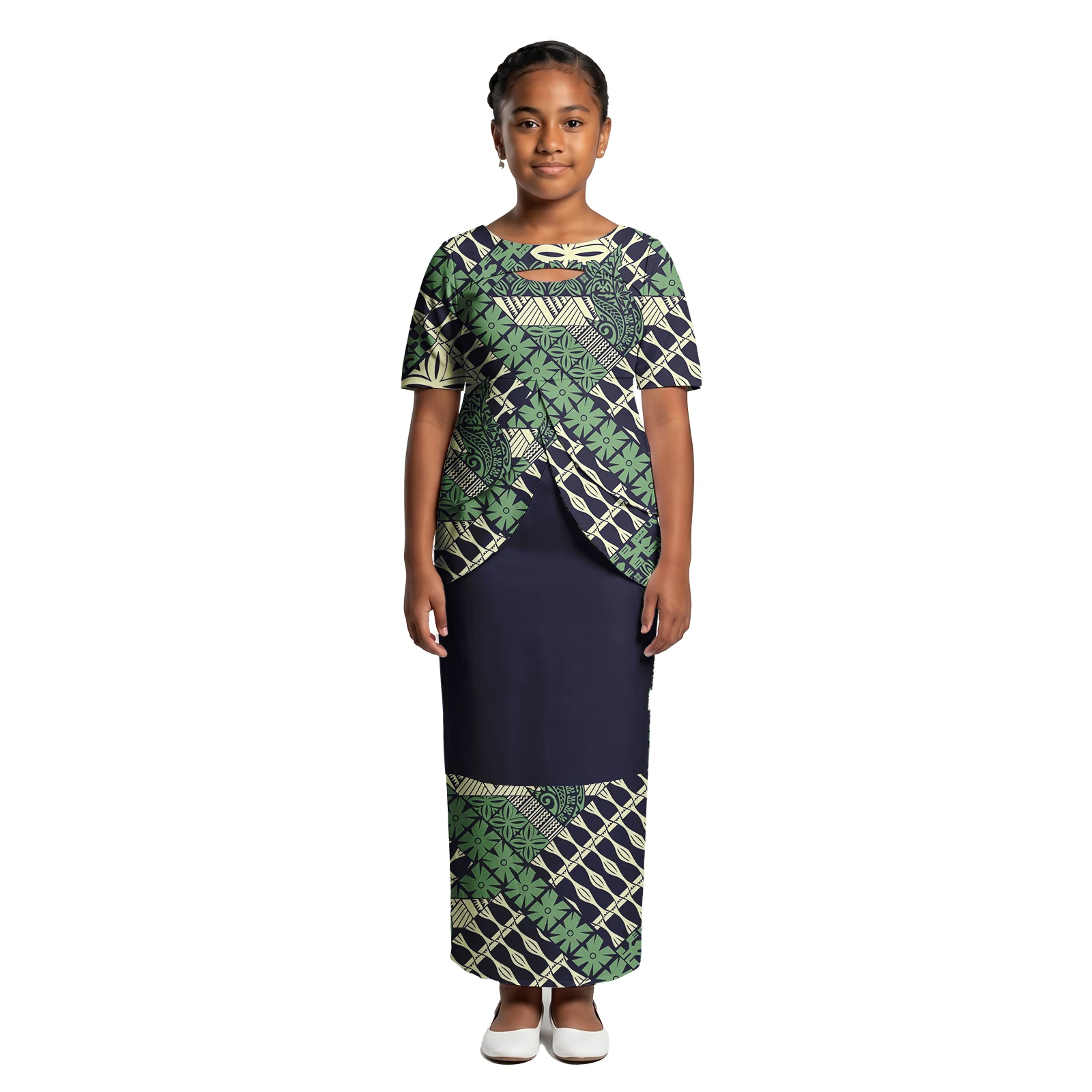 Summer New Fashion Cute Girls Puletasi Samoan Custom Children Dresses Polynesian Island Classic Cutout Neck Puletasi 2 Piece Set